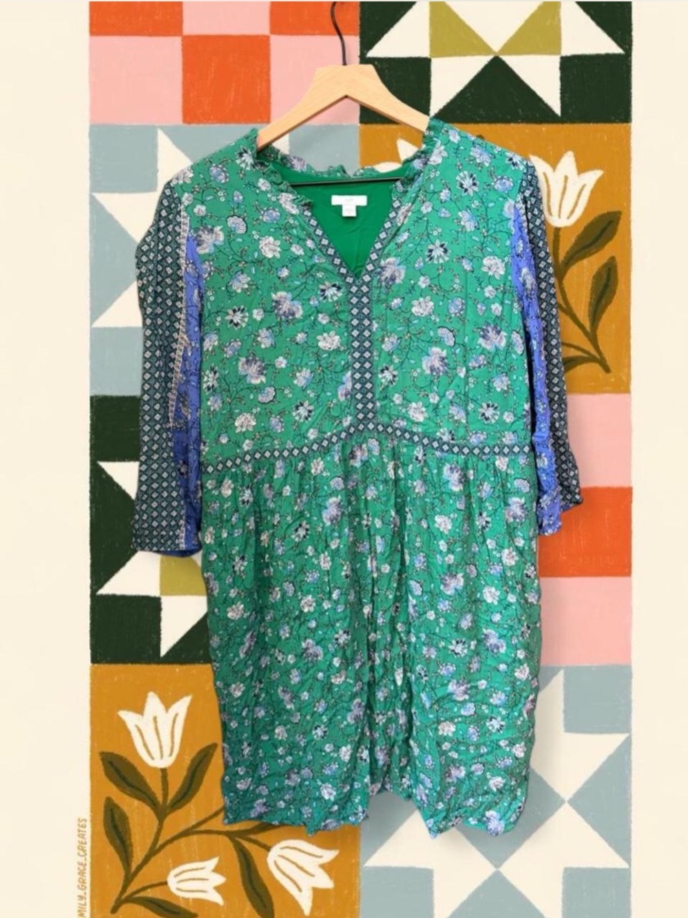 J. Jill Green Floral Tiered V-Neck Dress with Blue Accents